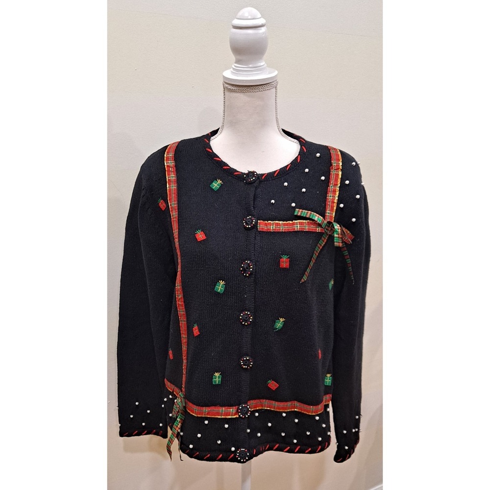 Vtg Hampshire Studio Snow L Christmas Sweater Cardigan Embroidere Presents Black